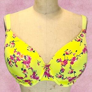Cacique floral lemon yellow‎ bra lightly lined t-shirt 38DDD pink flower blossom